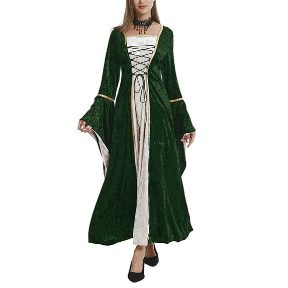 IROINNID Reduced Long Sleeve Dress for Women Full-Length Empire Dress Vintage Hooded Dress Tie Flared Sleeves Skirt,Green