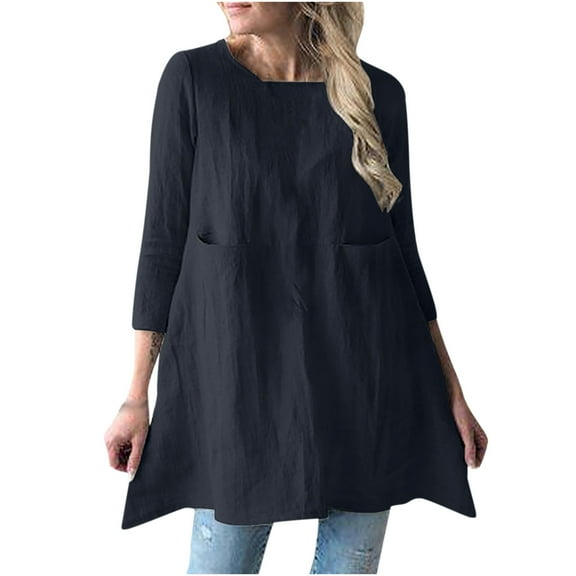 IROINNID Long Sleeve Dress for Women Mid-Length Shift Dress Round-Neck Comfy Long Sleeve Loose Solid Dress,Navy