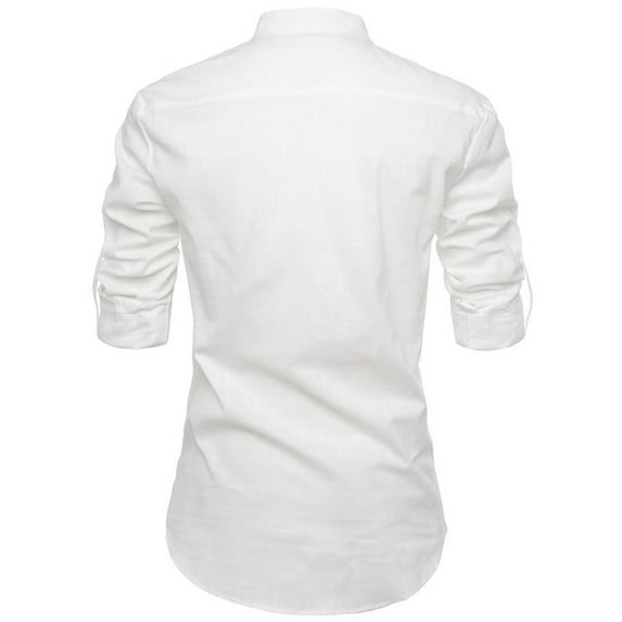 IROINNID Long Sleeve Shirts for Men Loose Solid Color Stand-up Collar Cotton And Linen Shirt,White