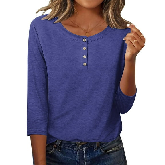IROINNID Long Sleeve T-Shirts for Women Printed Loose T-shirt Mid-length 3/4 Sleeves Blouse Round Neck Home Tops(Z01#Blue,M)
