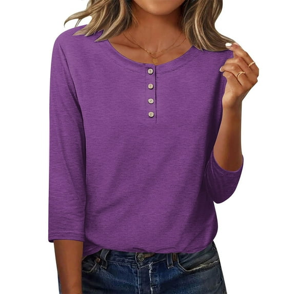 IROINNID Long Sleeve T-Shirts for Women Printed Loose T-shirt Mid-length 3/4 Sleeves Blouse Round Neck Home Tops(Z01#Purple,L)