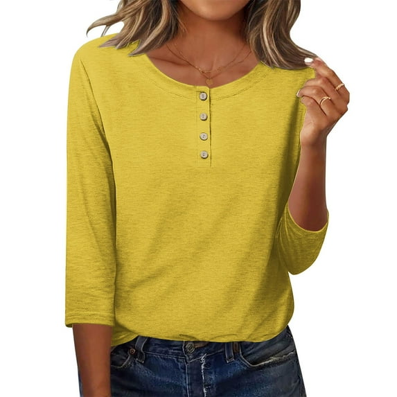 IROINNID Long Sleeve T-Shirts for Women Printed Loose T-shirt Mid-length 3/4 Sleeves Blouse Round Neck Home Tops(Z02#Yellow,M)