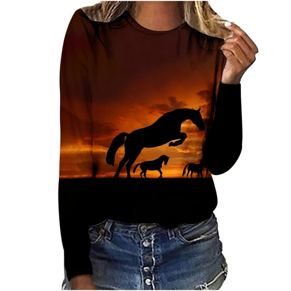IROINNID Reduced Long Sleeve T-Shirts for Women Shirts Round-Neck Print Tops Printed Regular Blouse,Brown