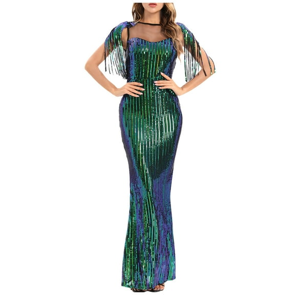 IROINNID Maxi Dress for Women Formal Fall Dress Sequin V-neck Tassels Sleeve Sparkly Glitter Party Club Wrap Evening Formal Dress Sequin Dress,Green