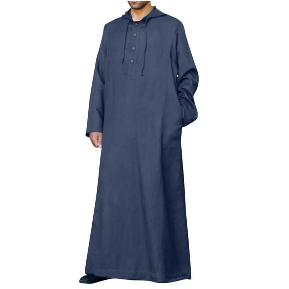 IROINNID Men's Muslim Robe Set Arab Middle Robe Long Sleeve Hooded Button Robe,Navy