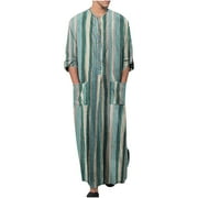 IROINNID Mens Robe Long Sleeves Double Pocket Stripe Print Comfy Long Robe,Green
