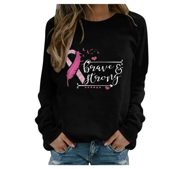 IROINNID Reduced Pink Breast Cancer Top for Women Breast Cancer Awareness Comfy Long Sleeve Printed Ladies Sweatshirts Tops,Black