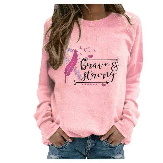 IROINNID Pink Breast Cancer Top for Women Breast Cancer Awareness Comfy Long Sleeve Printed Ladies Sweatshirts Tops,Pink