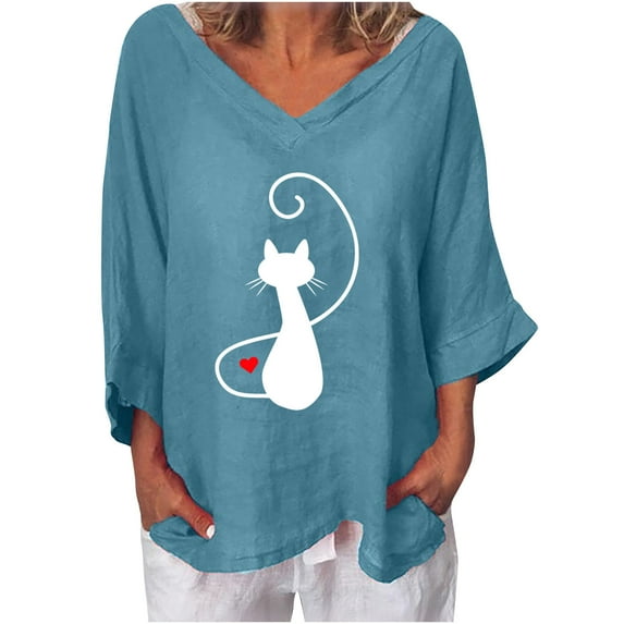 IROINNID Reduced Plus Size Shirts for Women Cotton Shirts for Women Daily Printed V- Neck Three Quarter Sleeve T-shirt Blouse Loose Tops,Blue