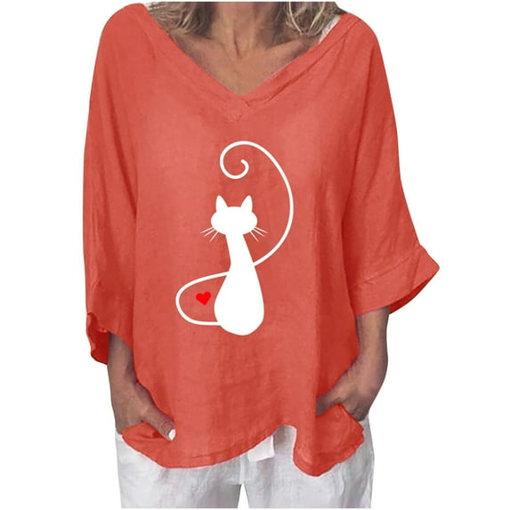 IROINNID Reduced Plus Size Shirts for Women Cotton Shirts for Women Daily Printed V- Neck Three Quarter Sleeve T-shirt Blouse Loose Tops,Orange