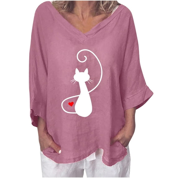 IROINNID Reduced Plus Size Shirts for Women Cotton Shirts for Women Daily Printed V- Neck Three Quarter Sleeve T-shirt Blouse Loose Tops,Pink