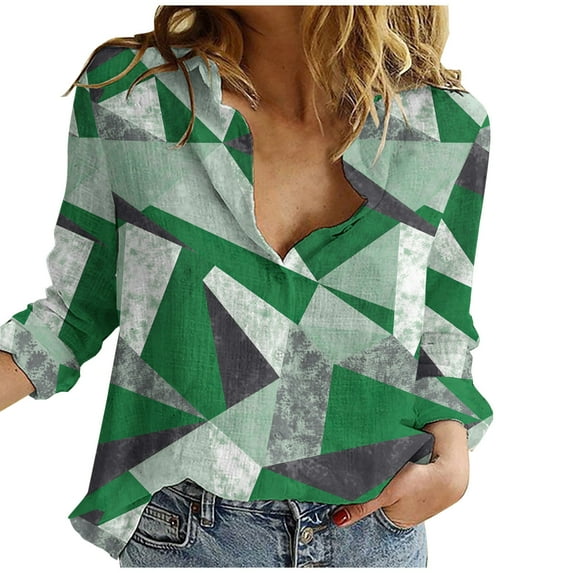 IROINNID Reduced Plus Size Shirts for Women Daily Long Sleeve Turndown Collar V-Neck Button Elastic Blouse Shirts,Green