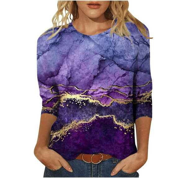 IROINNID Reduced Polyester Long Sleeve T Shirt for Women Daily Printed Loose T-shirt Blouse Round Neck Tops,Purple