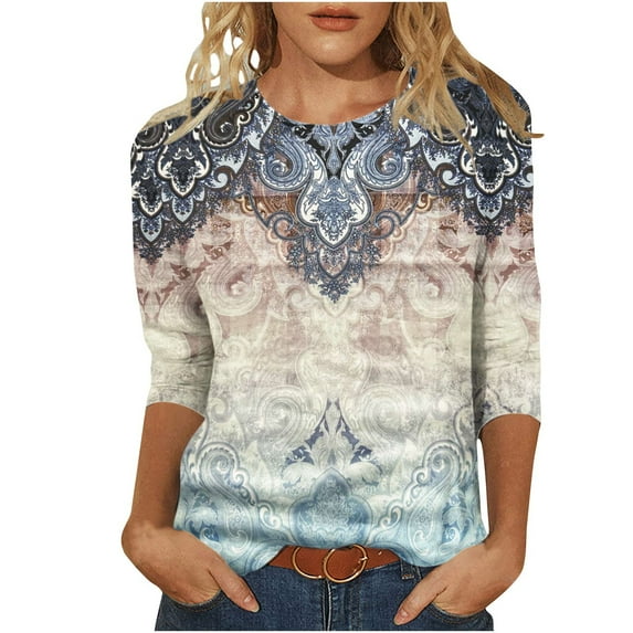 IROINNID Reduced Polyester Long Sleeve T Shirt for Women Daily Printed T-shirt Mid-length Blouse Round Neck Tops,Khaki