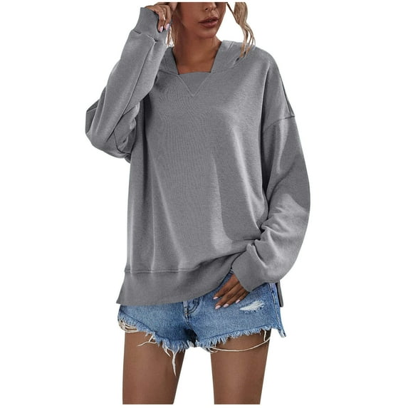 IROINNID Reduced Polyester Long Sleeve T Shirt for Women Daily Solid Color Hoodie Sweatshirts Tops Blouse Hooded Loose Sweatshirt,Gray