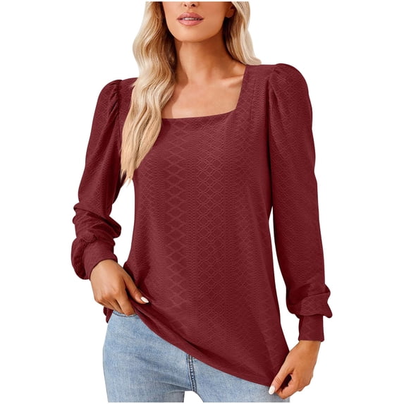 IROINNID Reduced Polyester Long Sleeve T Shirt for Women Daily Solid Color Square Neck Pleated Loose T-shirt Top,Burgundy