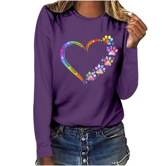 IROINNID Reduced Polyester Long Sleeve T Shirt for Women Daily Summer Fold Printed Regular Round Neck Button Top,Purple