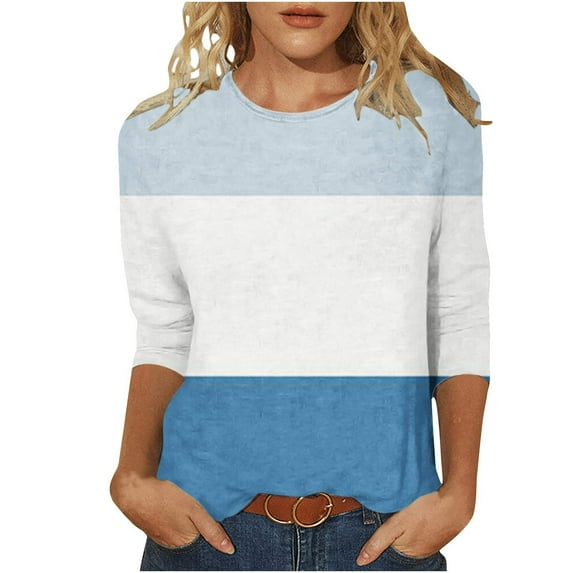 IROINNID Polyester Long Sleeve T Shirt for Women Daily Summer Slim Tie Round Neck T-shirt,Sky Blue