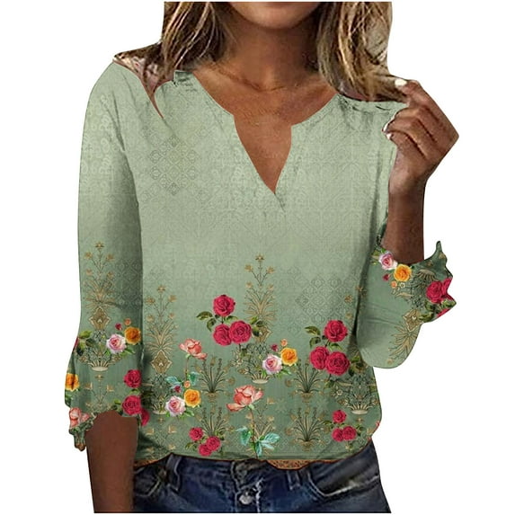 IROINNID Reduced Polyester Long Sleeve T Shirt for Women Daily Trumpet Printed Buttoned Basic Ruched Tops Pleated T-shirts Blouses,Green
