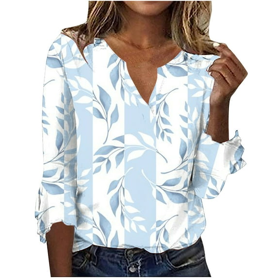 IROINNID Reduced Polyester Long Sleeve T Shirt for Women Daily Trumpet Printed Buttoned Basic Ruched Tops Pleated T-shirts Blouses,Light Blue