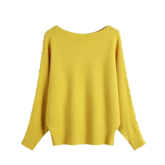 IROINNID Pullover Sweater for Women Knitted Boat Neck Loose Fit Long Sleeve Sweater Large Size Stretch Casual Sweater,Yellow