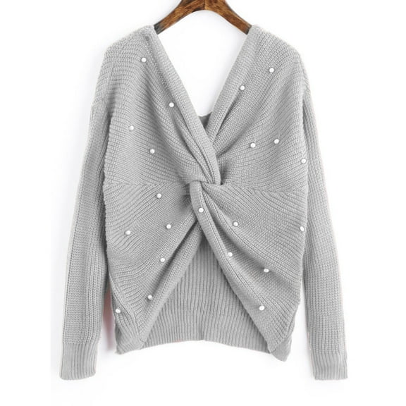 IROINNID Pullover Sweater for Women Knitted Lazy Style V-neck Pullover Stylish Slim Fit Fall Sweater,Gray