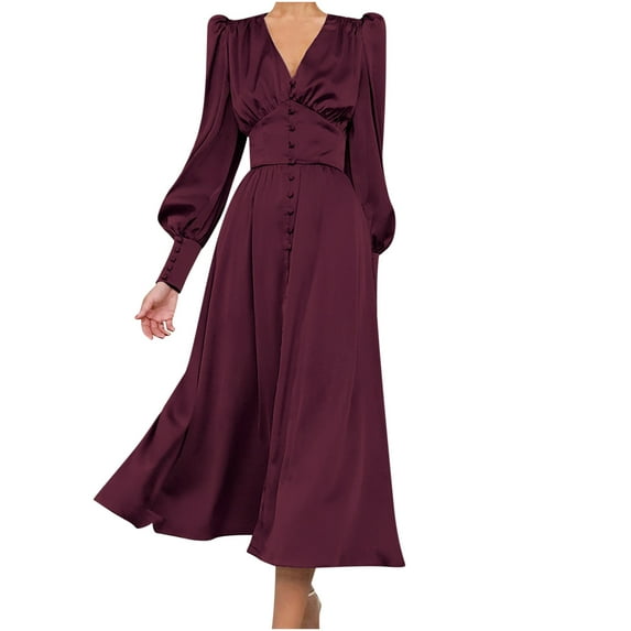 IROINNID Reduced Semi Formal Dress for Women Long Sleeve Empire Dress Solid Color Satin Soft Waist And Dress Satin V-Neck Slim Button Lantern Sleeve Dress,Burgundy