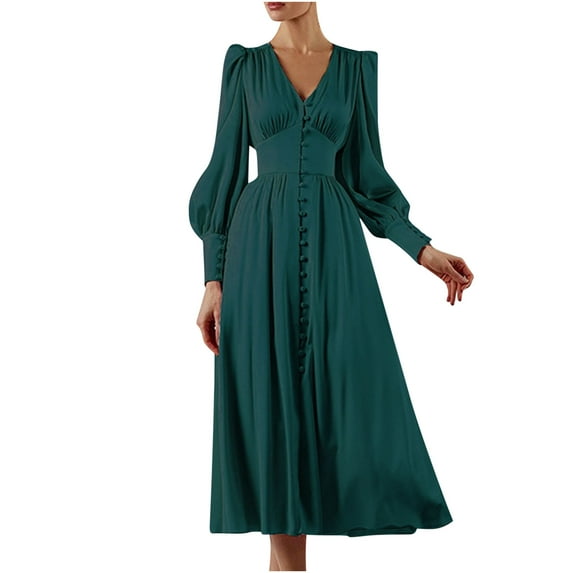 IROINNID Reduced Semi Formal Dress for Women Long Sleeve Empire Dress Solid Color Satin Soft Waist And Dress Satin V-Neck Slim Button Lantern Sleeve Dress,Olive Green