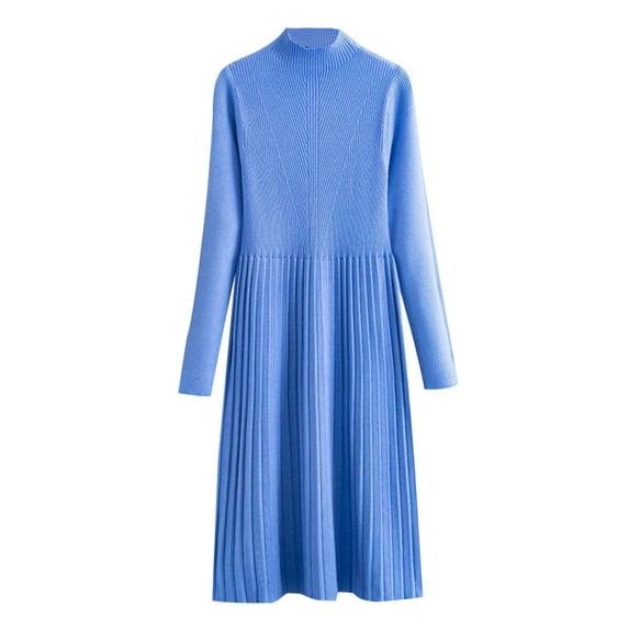 IROINNID Semi Formal Dress for Women Long Sleeve Sweater Dress Sweater Knitted Dress Solid Color Half Turtleneck Thickened Knee-length Mid-length Waist Dress,Blue