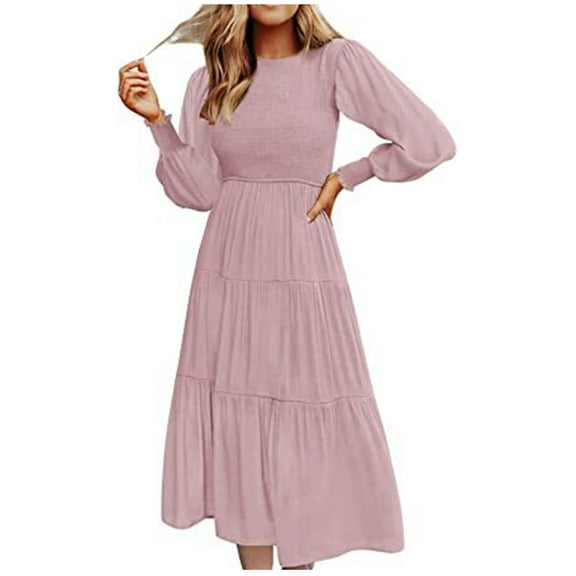 IROINNID Semi Formal Dress for Women Long Sleeve A-Line Dress Winter Round-Neck Solid Long Dress Features,Pink