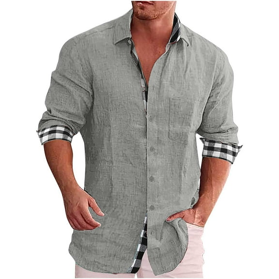 IROINNID Shirt with Pocket for Men Solid Cotton And Linen Tie Plaid Patchwork Turndown Long Sleeve Button Shirt,Gray