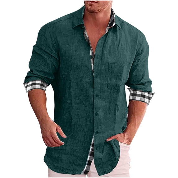 IROINNID Shirt with Pocket for Men Solid Cotton And Linen Tie Plaid Patchwork Turndown Long Sleeve Button Shirt,Green