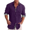 thumbnail image 1 of IROINNID Shirt with Pocket for Men Solid Cotton And Linen Tie Plaid Patchwork Turndown Long Sleeve Button Shirt,Purple, 1 of 8