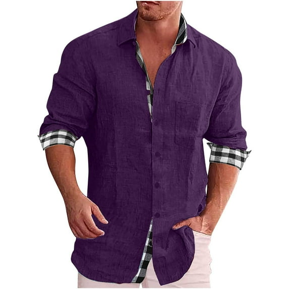 IROINNID Shirt with Pocket for Men Solid Cotton And Linen Tie Plaid Patchwork Turndown Long Sleeve Button Shirt,Purple