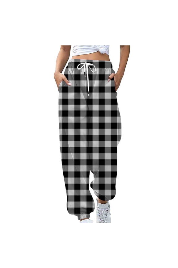 Sweatpants for Women Casual Jogger Relaxed Fit Checker Printing Sweatpants Home Trousers with Pockets High Waist Pants,Black