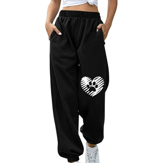 IROINNID Reduced Sweatpants for Women Wide Leg Relaxed Fit Fall Winter Fitness Sport Printing Elastic Waist Long Sweatpants,Black