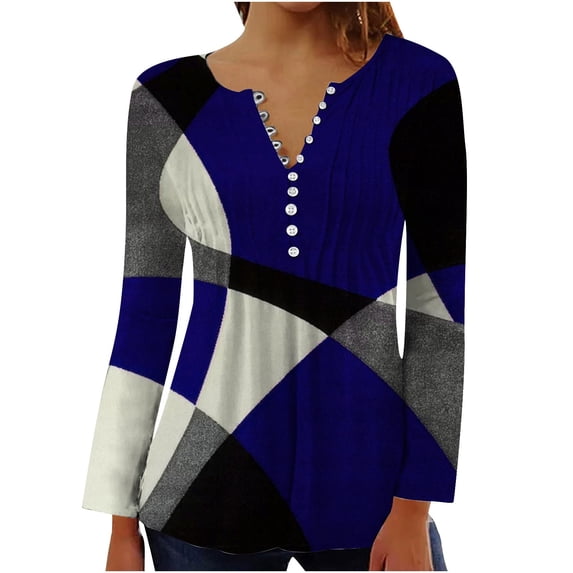 IROINNID Reduced Tunic Tops for Women Womens Oversized Shirt Daily Summer Fold Printed Regular Long Sleeves Round Neck Button Top,Blue