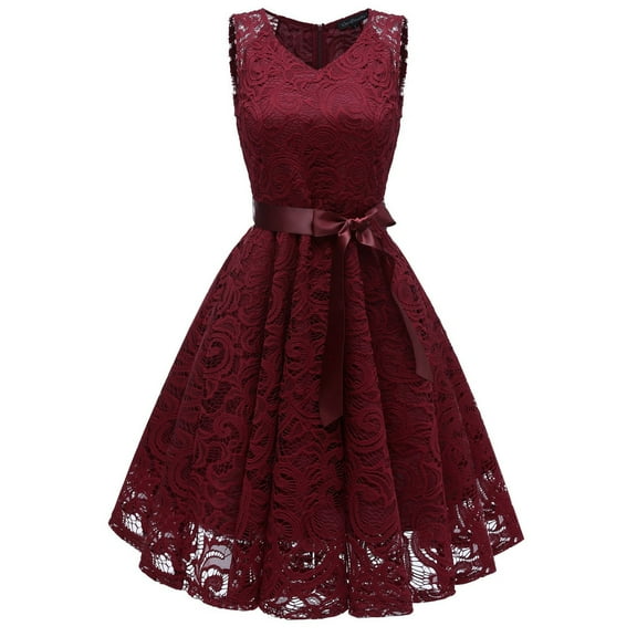 IROINNID Wedding Guest Dresses for Women Evening Night Formal Fall Dress Vintage Princess Floral Lace Cocktail V-Neck Party Aline Dress Trendy A-Line Dress,Burgundy