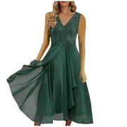IROINNID Reduced Wedding Guest Dresses for Women Evening Night Party Dress Sexy Solid Sleeveless V-Neck Lace Chiffon Mesh Waist Party Dresses Trendy Formal Dress,Olive Green