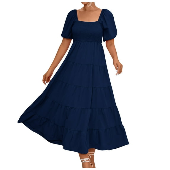 IROINNID Reduced Wedding Guest Dresses for Women Formal Evening Night Dress Casual Solid Color Square-Neck Short Bubble Sleeve Dress Elegant Empire Dress,Navy