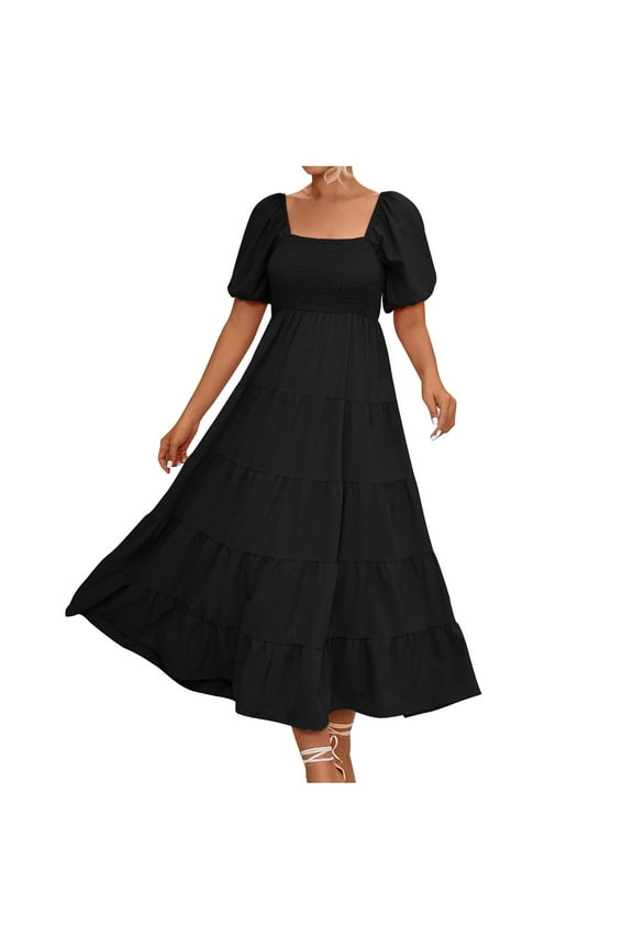 Wedding Guest Dresses for Women Formal Evening Night Dress Casual Solid Color Square-Neck Short Bubble Sleeve Dress Elegant Empire Dress,Black