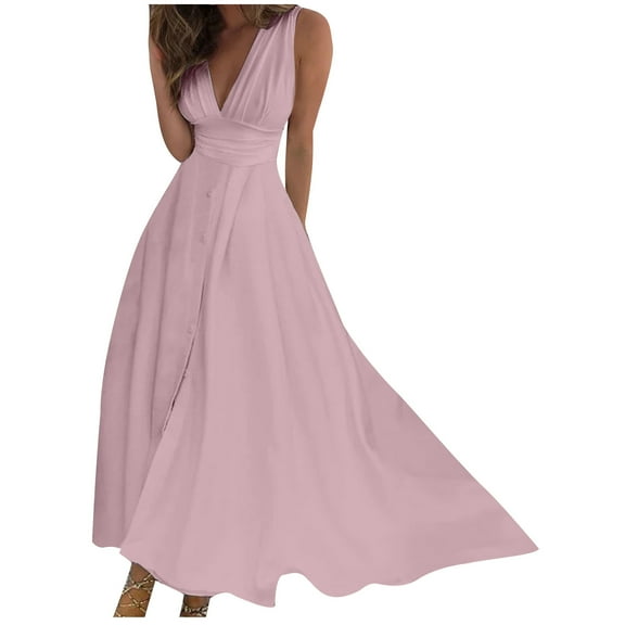 IROINNID Wedding Guest Dresses for Women Homecoming Party Spring/Summer Sleeveless Color V-Neck Wrapped Chest Dress Long Dress Trendy Formal Dress,Pink