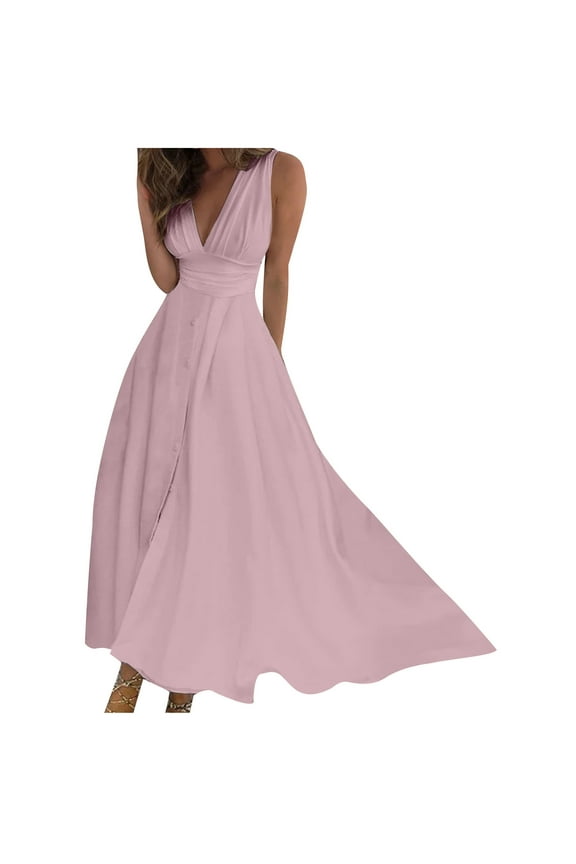 Wedding Guest Dresses for Women Homecoming Party Spring/Summer Sleeveless Color V-Neck Wrapped Chest Dress Long Dress Trendy Formal Dress,Pink