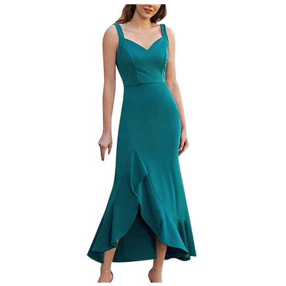 IROINNID Wedding Guest Dresses for Women Homecoming Party Spring And Summer V-neck Solid Color Slim Fitting Open Back Ruffled Suspender Dress Trendy Formal Dress,Green