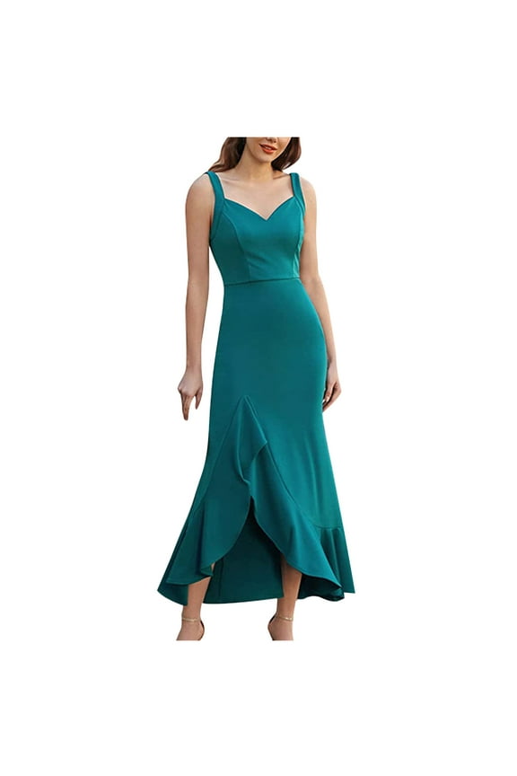 Wedding Guest Dresses for Women Homecoming Party Spring And Summer V-neck Solid Color Slim Fitting Open Back Ruffled Suspender Dress Trendy Formal Dress,Green