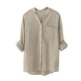 thumbnail image 1 of IROINNID Women's Long Sleeve V-Neck Shirts Cotton Shirts for Women Daily Solid Cotton And Linen 3/4 3/4 Sleeve Tops Button Cardigan V-Neck Tops/Shirt,Beige, 1 of 6