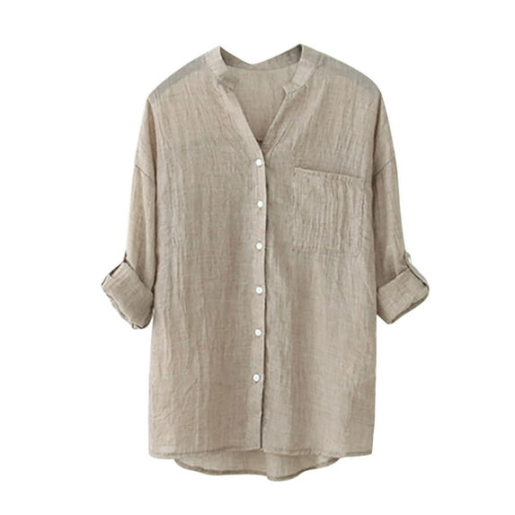 IROINNID Women's Long Sleeve V-Neck Shirts Cotton Shirts for Women Daily Solid Cotton And Linen 3/4 3/4 Sleeve Tops Button Cardigan V-Neck Tops/Shirt,Beige
