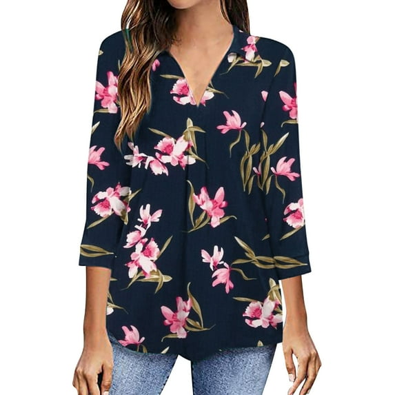 IROINNID Women's Long Sleeve V-Neck Shirts Daily V-Neck Three Quarter 3/4 Sleeve T Shirt Autumn Printing Blouse Tops Sweatshirt,Black