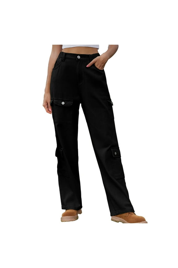 Women's Pants Mid Waist Flat Front Loose Fit Solid Cargo Pants with Button Pockets,Black