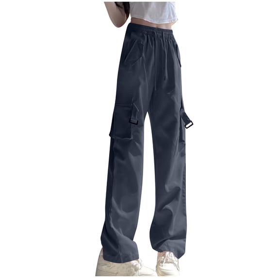 IROINNID Reduced Women's Pants Wide Leg Solid Pockets High Waist Pants Ladies Button Slim Pants,Dark Gray